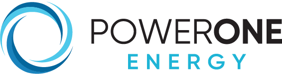 PowerOne Energy brand logo featuring a blue circular swoosh and the words POWERONE ENERGY in dark gray and light blue.